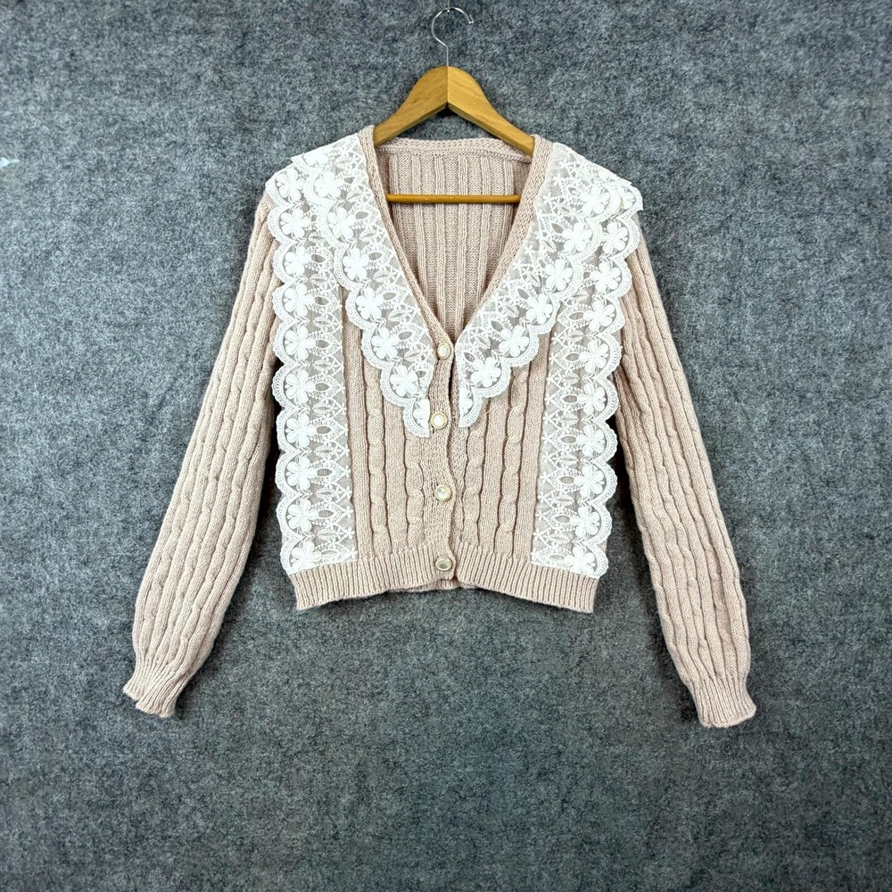 Grandma Coquette Women Cardigan Sweater Medium Muted Pink Lace Trim Button Front